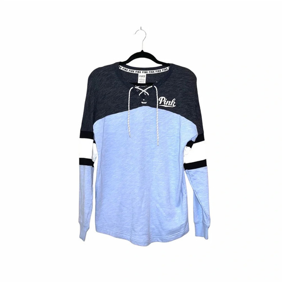 PINK Victoria’s Secret Baby Blue & Gray Oversized Varsity Tee Xsmall Women’s - Picture 1 of 11